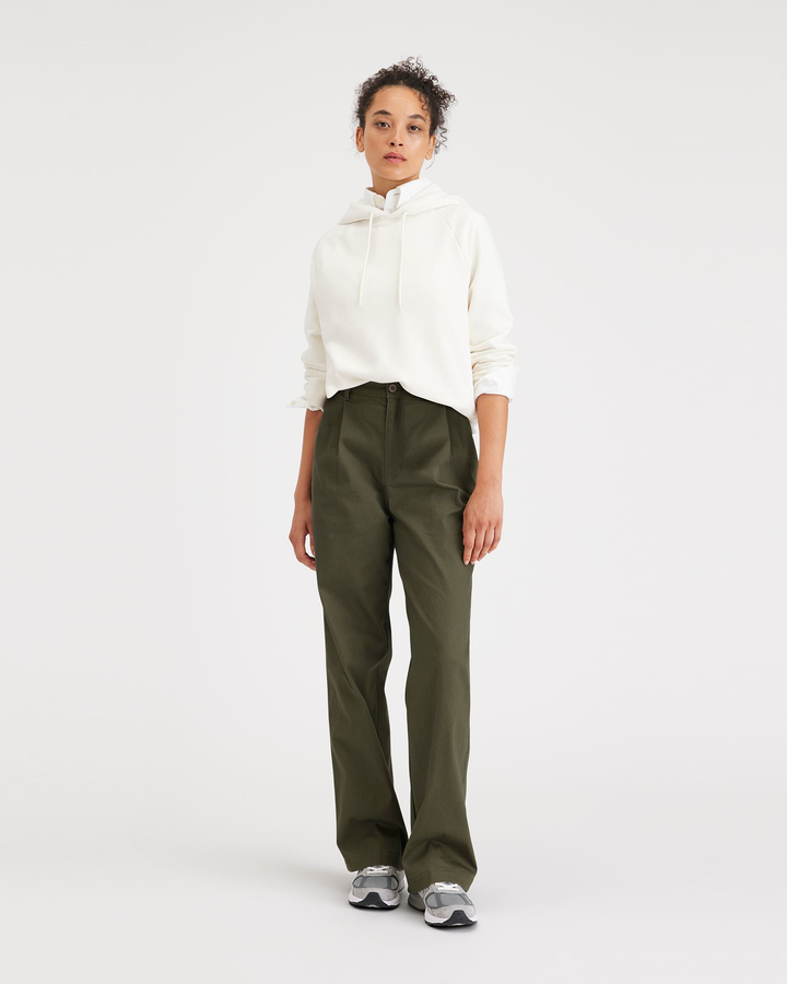 Women's Straight Fit Original Pleated High Wide Khaki Pants